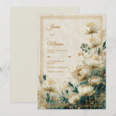 Cream Gilded Astrantia Teal Watercolor Wedding Kaart (Voorkant / Achterkant)