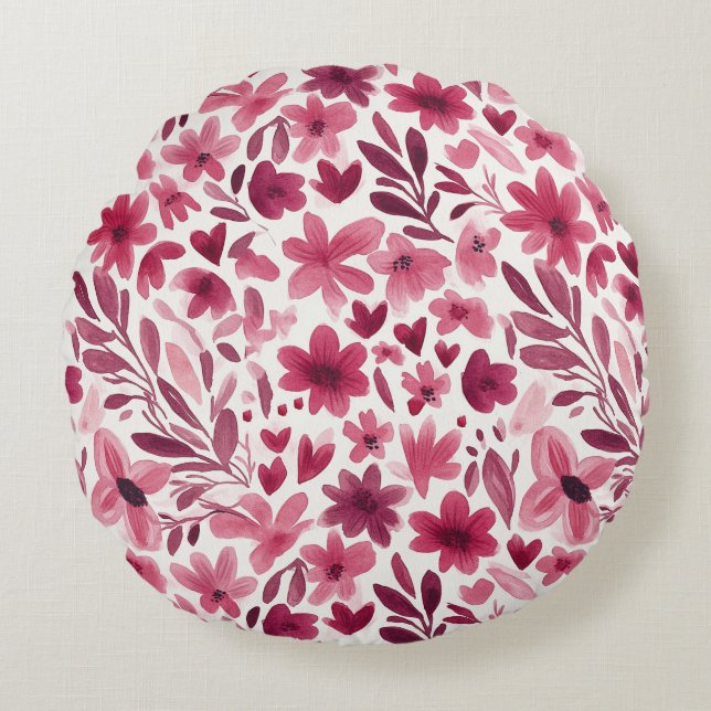 Cream Girly Pink Red Flowers Hearts   Rond Kussen (Voorkant)