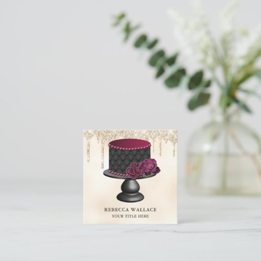 Cream Glitter Burgundy Floral Tufted Cake Bakery Vierkante Visitekaartje (Staand voorkant)