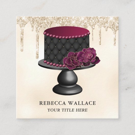 Cream Glitter Burgundy Floral Tufted Cake Bakery Vierkante Visitekaartje (Voorkant)