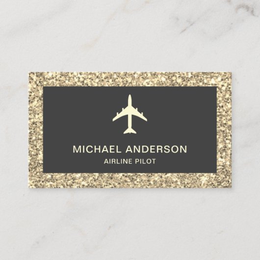 Cream Glitter Jet Vliegtuig Vliegtuigpiloot Visitekaartje (Voorkant)