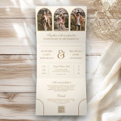 Cream Gold Arch Photo QR code Wedding Drieluik Uitnodiging
