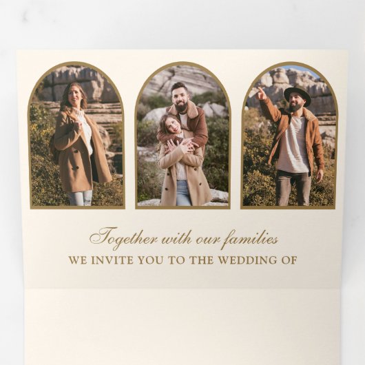 Cream Gold Arch Photo QR code Wedding Drieluik Uitnodiging (Binnenzijde eerst)
