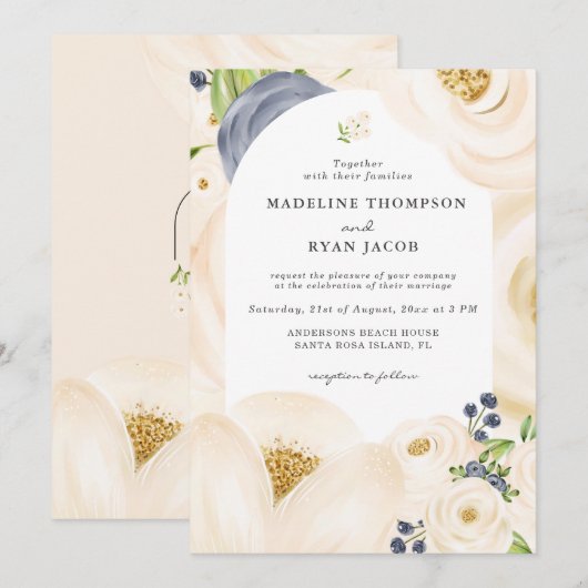 Cream Gold Beige Elegant Floral Waterverf Kaart (Voorkant / Achterkant)