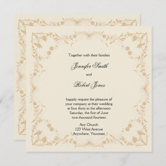 Cream Gold  Bloemenbruiloft Uitnodiging (Voorkant / Achterkant)