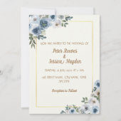 Cream, Gold Border & Blue Flowers Wedding Kaart (Voorkant)