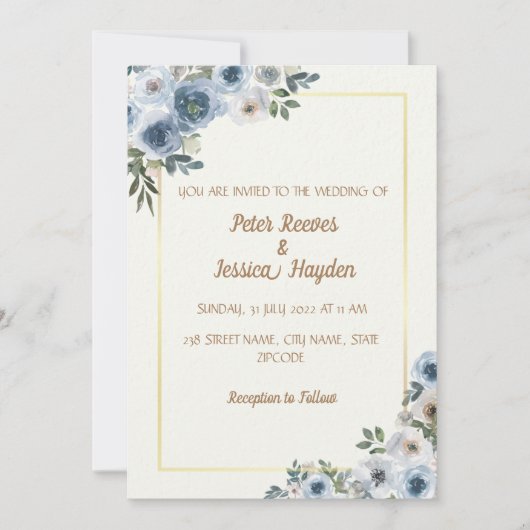 Cream, Gold Border & Blue Flowers Wedding Kaart (Voorkant)
