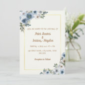 Cream, Gold Border & Blue Flowers Wedding Kaart (Staand voorkant)