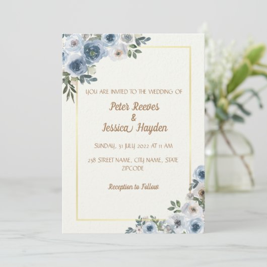 Cream, Gold Border & Blue Flowers Wedding Kaart (Staand voorkant)