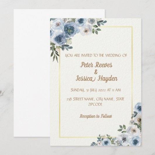 Cream, Gold Border & Blue Flowers Wedding Kaart (Voorkant / Achterkant)