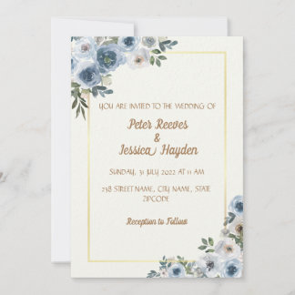 Cream, Gold Border & Blue Flowers Wedding Kaart