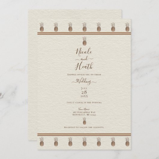 Cream Gold Brown Pineapple Minimal Elegant Wedding Kaart (Voorkant / Achterkant)