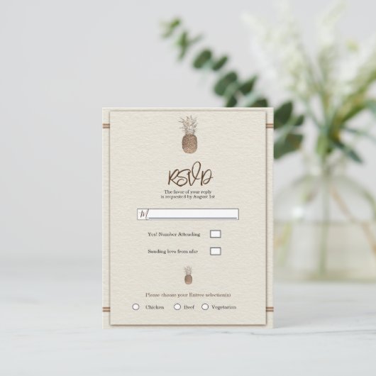 Cream Gold Brown Pineapple Minimal Wedding RSVP Kaart (Staand voorkant)