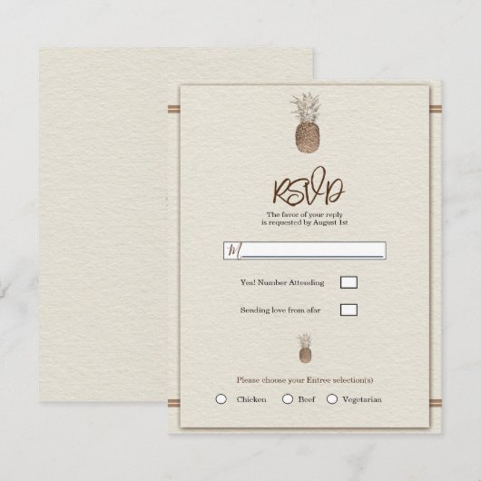 Cream Gold Brown Pineapple Minimal Wedding RSVP Kaart (Voorkant / Achterkant)