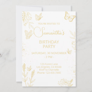 Cream & Gold Butterfly Verjaardag uitnodiging