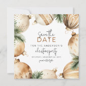 Cream & Gold Christmas Tree Ornamenten Party Save The Date (Voorkant)