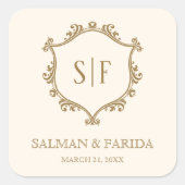 Cream Gold Crest Monogram Weddenschap Vierkante Sticker (Voorkant)