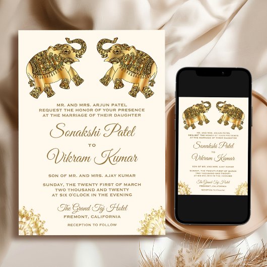 Cream Gold Ethnic Elephants Indian Wedding Kaart