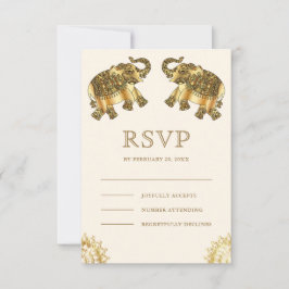 Cream Gold Ethnic Elephants Indian Wedding RSVP Kaartje