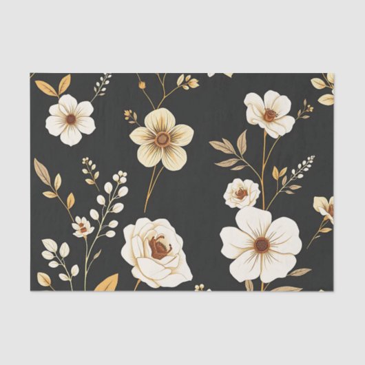 Cream Gold Floral Black Pattern Tissuepapier (Voorkant)