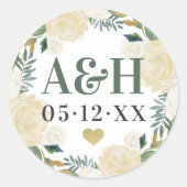 Cream Gold Floral Greenery Heart Wedding Monogram Ronde Sticker (Voorkant)