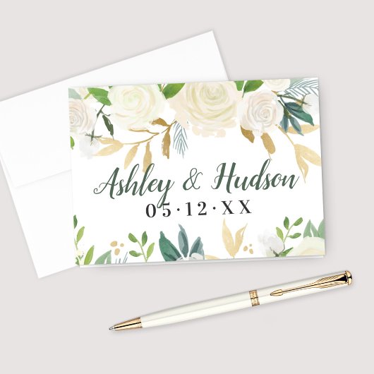 Cream Gold Floral Greenery Wedding Monogram Notitiekaartje