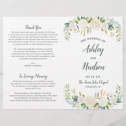 Cream Gold Floral Greenery Wedding Programs (Voorkant)