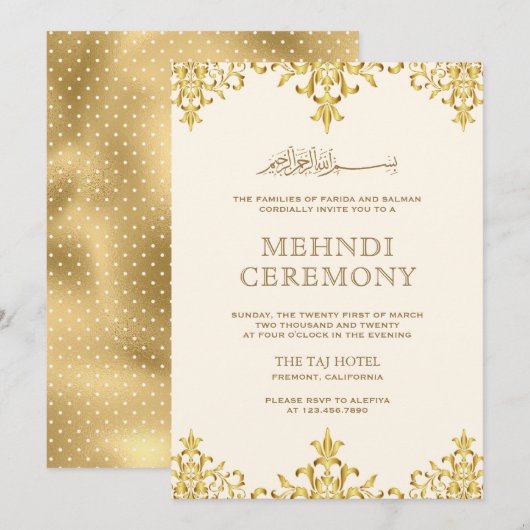 Cream Gold Foil Damask Islamic Weddenschap Mehndi Kaart (Voorkant / Achterkant)