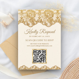 Cream Gold Foil Lace QR Code RSVP Weduwwebsite Informatiekaartje