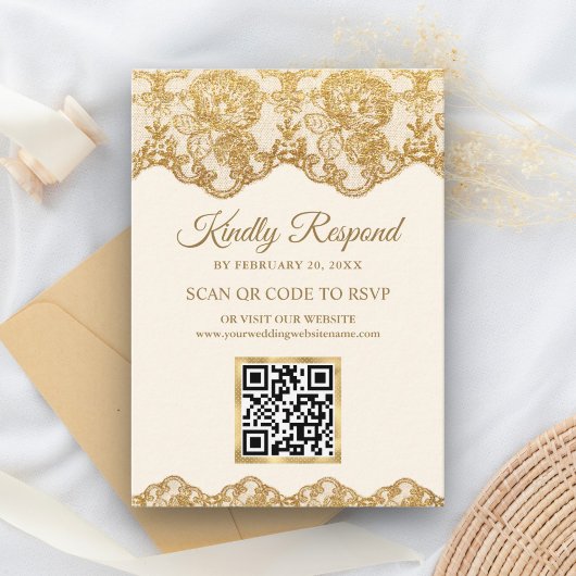 Cream Gold Foil Lace QR Code RSVP Weduwwebsite Informatiekaartje