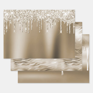 Cream Gold Glitz Glitter Ice Cream Drips Verjaarda Inpakpapier Vel