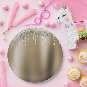 Cream Gold Glitz Glitter Ice Cream Drips Verjaarda Papieren Bordje