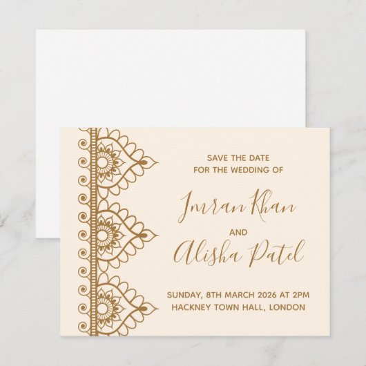 Cream Gold Henna Desi Indiase bruiloft uitnodiging (Voorkant / Achterkant)