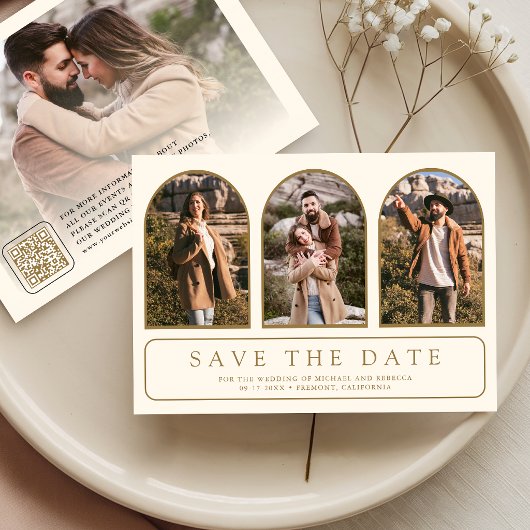 Cream Gold Minimal Boog Foto QR Code Huwelijk Save The Date