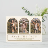 Cream Gold Minimal Boog Foto QR Code Huwelijk Save The Date (Staand voorkant)