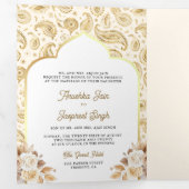 Cream Gold Paisley Bloemen QR Code Indiase bruilof Drieluik Uitnodiging (Binnenzijde eerst)