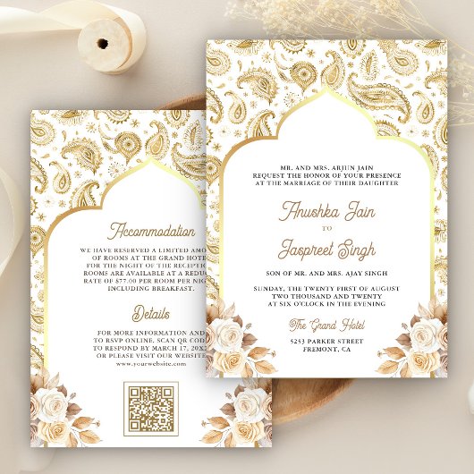 Cream Gold Paisley Bloemen QR Code Indiase bruilof Kaart