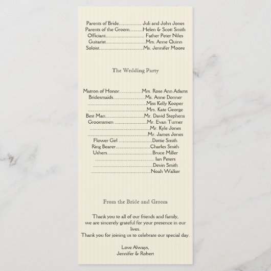 Cream Gold Pinstripe Wedding Program Programmakaart (Achterkant)