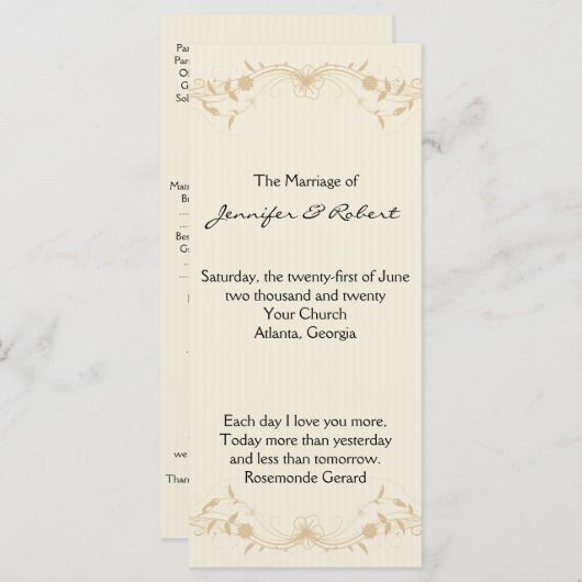 Cream Gold Pinstripe Wedding Program Programmakaart (Voorkant / Achterkant)