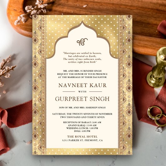 Cream Gold QR Code Anand Karaj Sikh Bruiloft Kaart