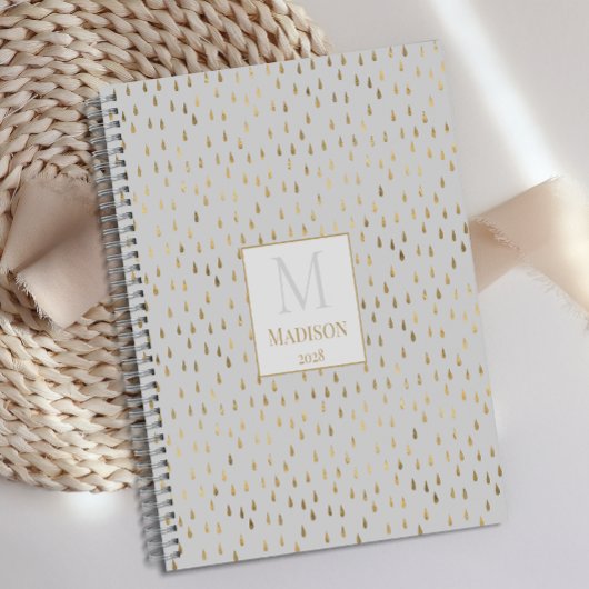 Cream Gold Raindrop Modern Trendy Monogram Planner