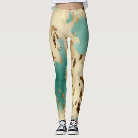 Cream Gold Turquoise Koeienhuid Animal Leggings (Voorkant)