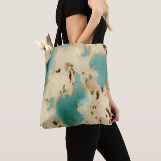Cream Gold Turquoise Koeienhuid Animal Tote Bag (Dichtbij)