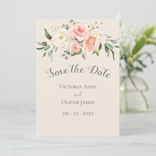 Cream Gold Waterverf Romantic Floral Wedding Save The Date (Staand voorkant)