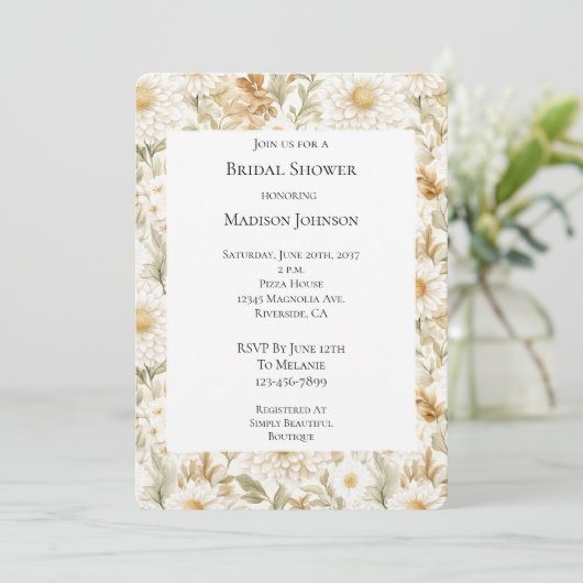 Cream Gold White Country Flowers Bridal Shower Kaart (Staand voorkant)