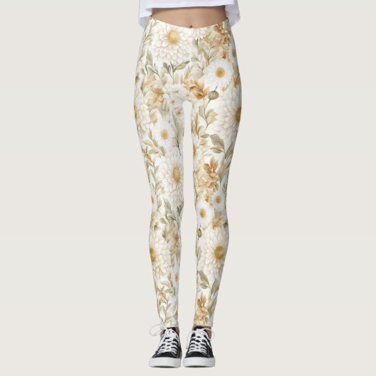 Cream Gold White Country Flowers Leggings (Voorkant)