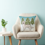 Cream Golden Retriever Blue Winter Christmas Kussen<br><div class="desc">Destei's originele cartoon illustratie van een schattige Engelse crème Golden Retriever fokhond. De hond wordt geplaatst in een winterscène met drie groene sparren en vallende sneeuw. De achtergrond is een blauw tot wit verloop,  waardoor het ontwerp er die koude winterdag uitziet.</div>