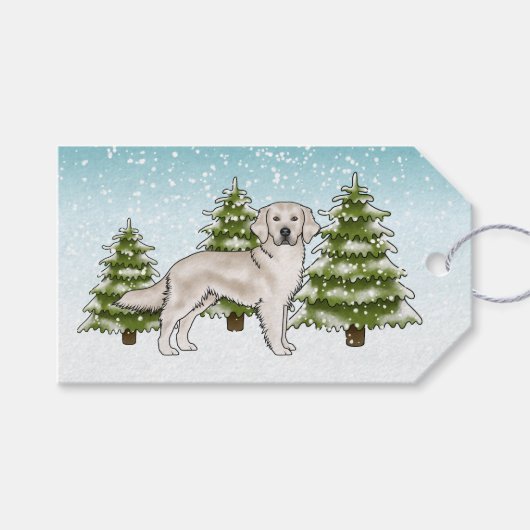 Cream Golden Retriever Dog Blue Snowy Christmas Cadeaulabel (Voorkant (Horizontaal))