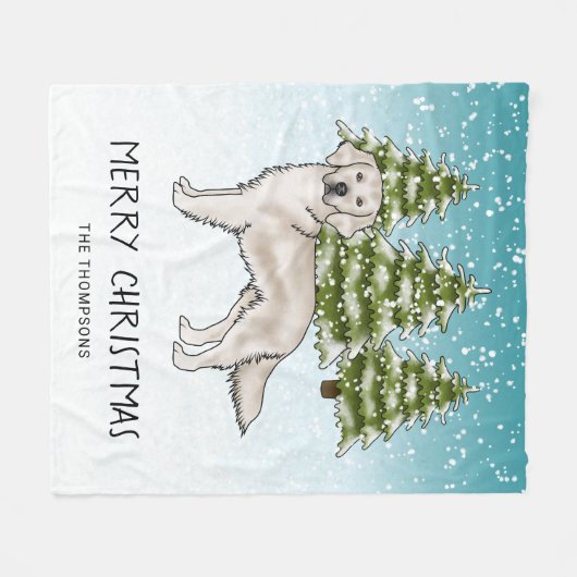 Cream Golden Retriever Dog Blue Snowy Christmas Fleece Deken (Voorkant (Horizontaal))