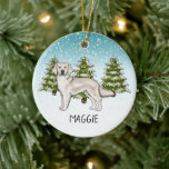Cream Golden Retriever Dog Custom Naam Kerst Keramisch Ornament<br><div class="desc">Destei's originele cartoon illustratie van een schattige Engelse crème Golden Retriever fokhond. De hond wordt in een winterse omgeving geplaatst met groene sparren en vallende sneeuw. De achtergrond is een blauw tot wit verloop, waardoor het ontwerp er die koude winterdag uitziet. Er is ook een aanpasbaar tekstgebied voor een naam...</div>